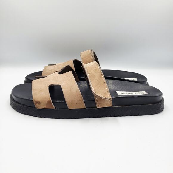 Steve Madden Mayven Tan Nubuck Leather Adjustable Strap Slide Sandals Size 9.5 - Picture 4 of 10